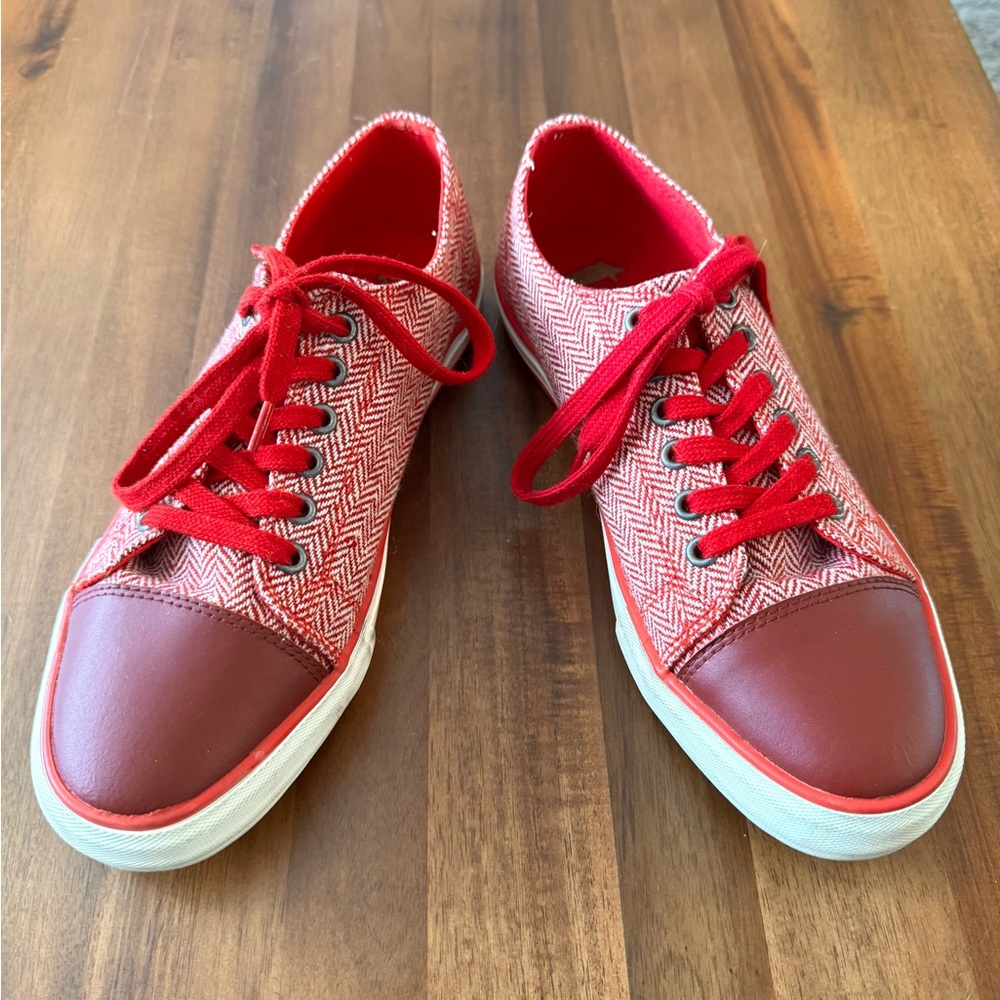 Twiggy London Red Herringbone Leather Sneakers